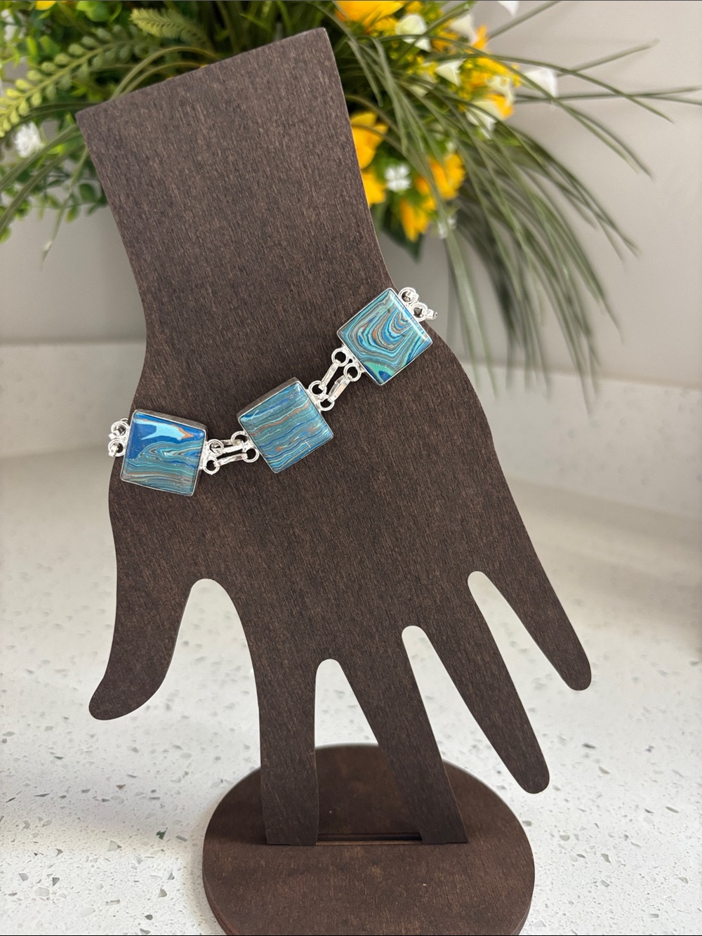 Silver Blue Rainbow Calsilica Gemstone Link Bracelet